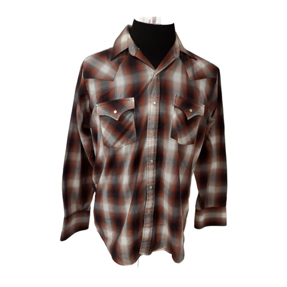 Plains Western Wear Means Medium Red grey Plaid Pearl Snap long Sleeve Shirt